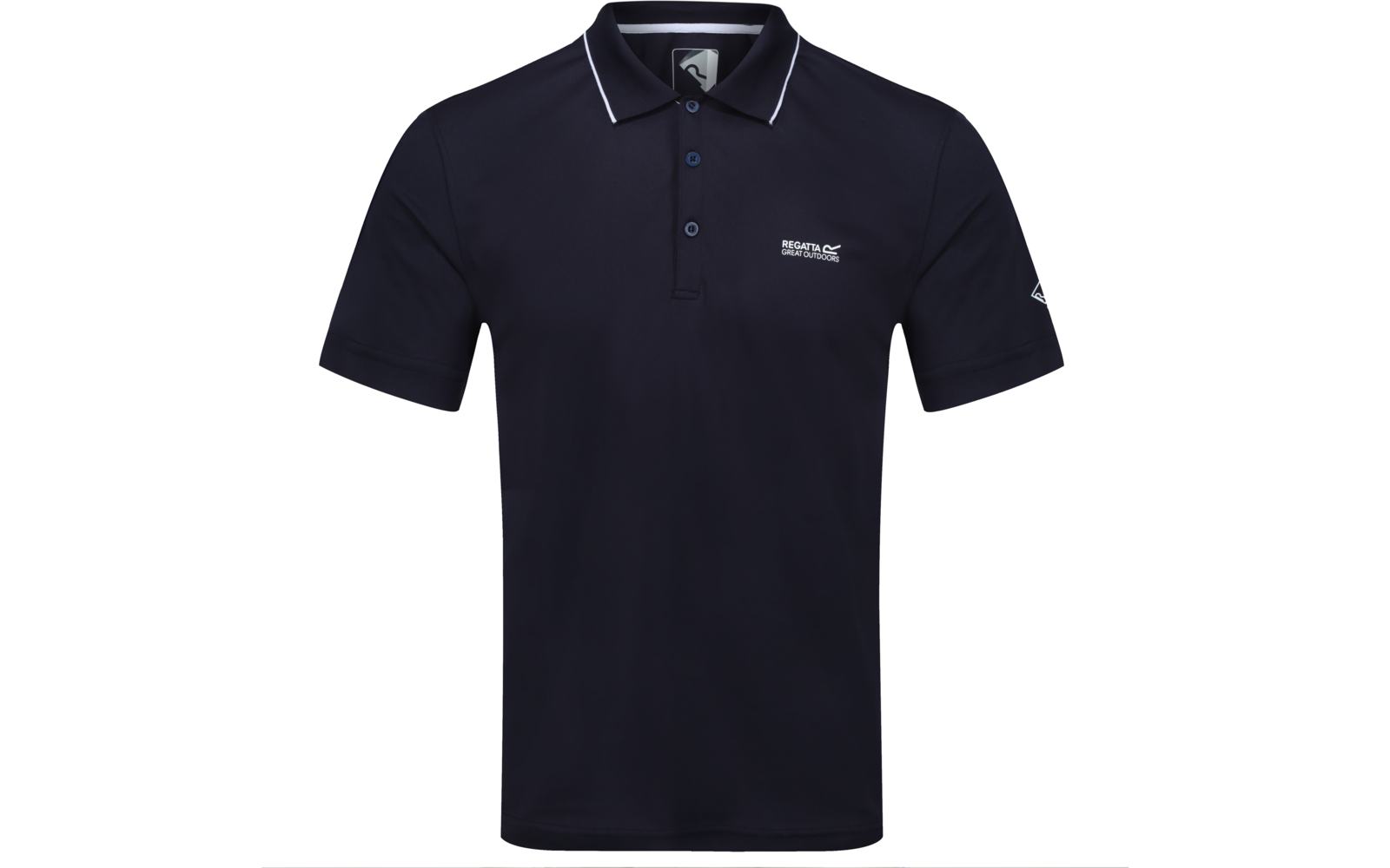 Dunkelblaues kurzärmeliges Poloshirt mit drei Knöpfen, weißer Paspel am Kragen und kleinem weißen Logo auf linker Brust und linkem Ärmel