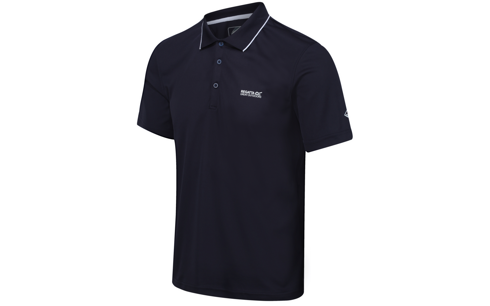 Dunkelblaues Poloshirt mit kurzen Ärmeln, drei Knöpfen, weißem Logo auf der Brust, weißer Paspel am Kragen und kleinem Logo auf dem Ärmel