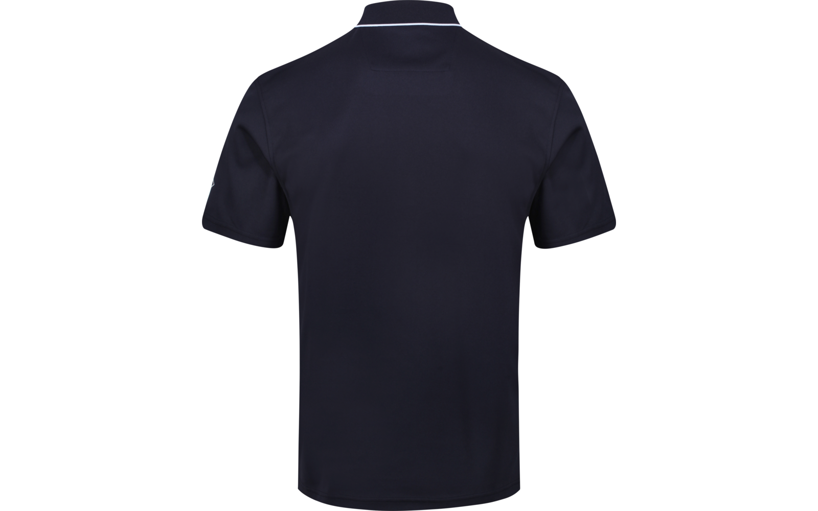 Rückansicht eines dunkelblauen kurzärmligen Poloshirts mit weißer Paspel am Kragen