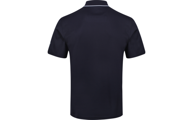 Rückansicht eines dunkelblauen kurzärmligen Poloshirts mit weißer Paspel am Kragen