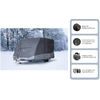 Wohnwagen mit grauer Abdeckplane auf schneebedecktem Boden, verschneite Bäume im Hintergrund; rechts vier Informationskästchen mit Icons