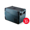 Blue portable refrigerator with black lid and ventilation grilles