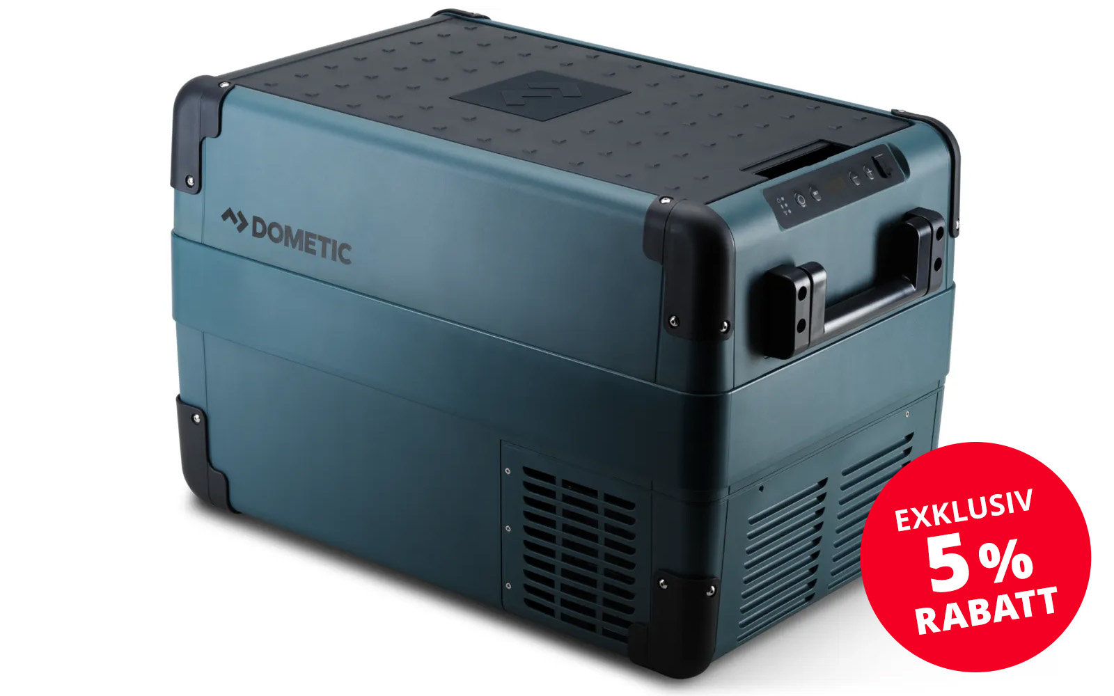 Blue portable refrigerator with black lid and ventilation grilles
