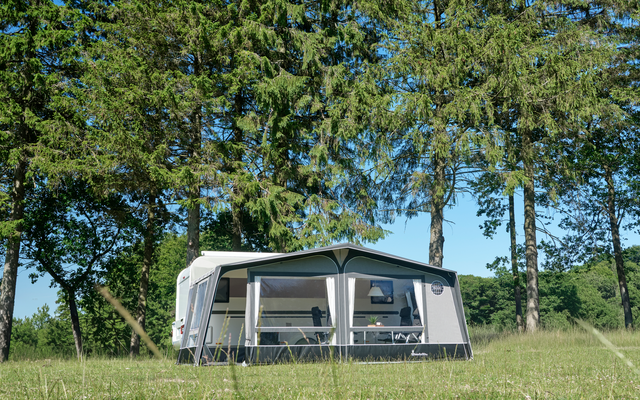 Weißer Wohnwagen mit angebautem Vorzelt auf grüner Wiese, im Hintergrund hohe Nadelbäume und blauer Himmel