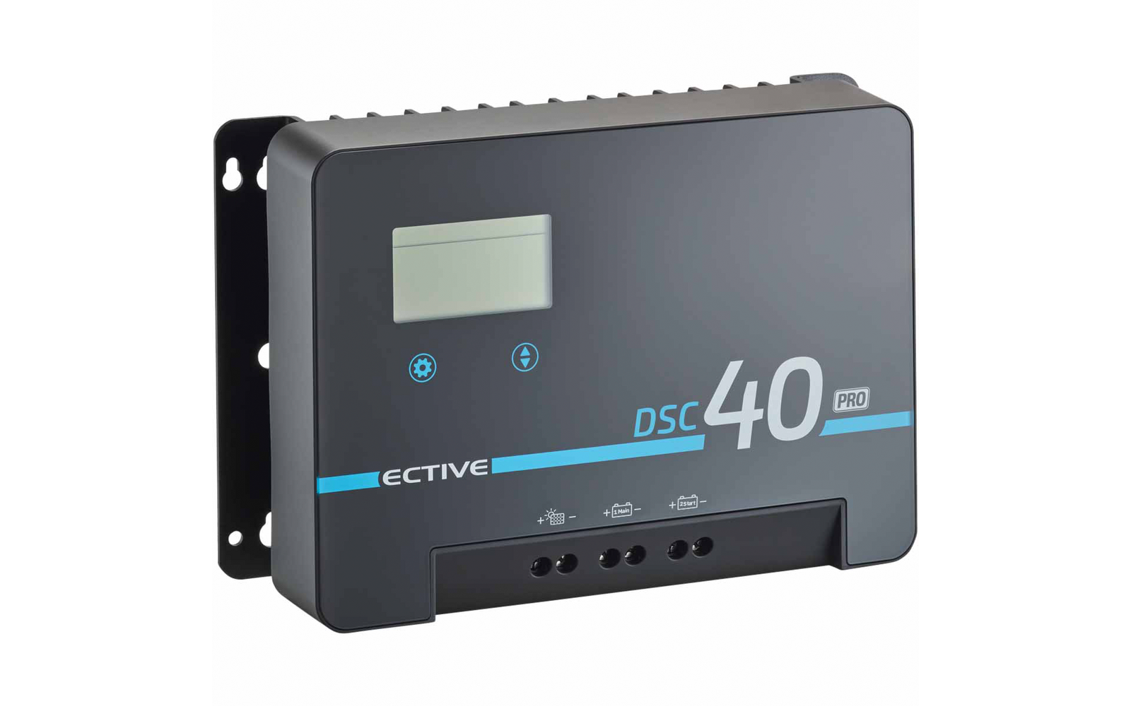 Schwarzes rechteckiges Elektronikgehäuse an Montagewinkel, kleines rechteckiges Display oben links, zwei blaue Symbole darunter, weißer Schriftzug 'DSC 40' rechts, blauer Streifen mit 'ECTIVE' links, mehrere Anschlüsse und Symbole an der Unterseite