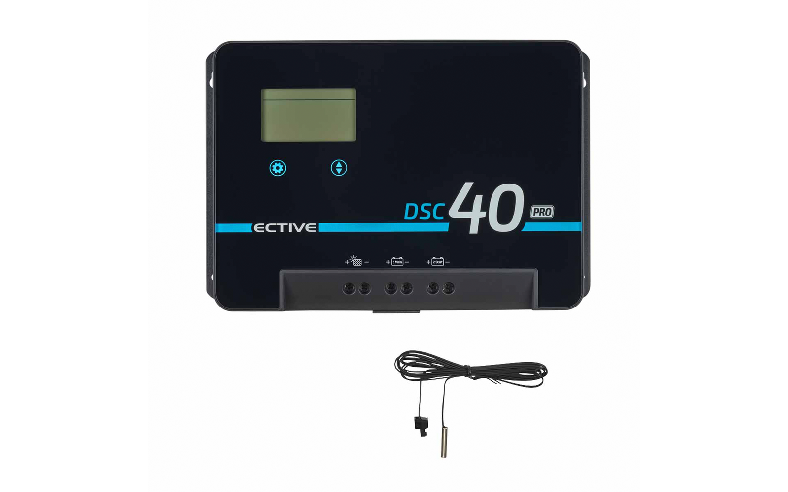 Schwarzes rechteckiges Gerät mit kleinem LC-Display oben links, blauer Linie und weißer Beschriftung "DSC 40 PRO", sichtbare Anschlüsse unten und beiliegendem Kabel mit Metallfühler