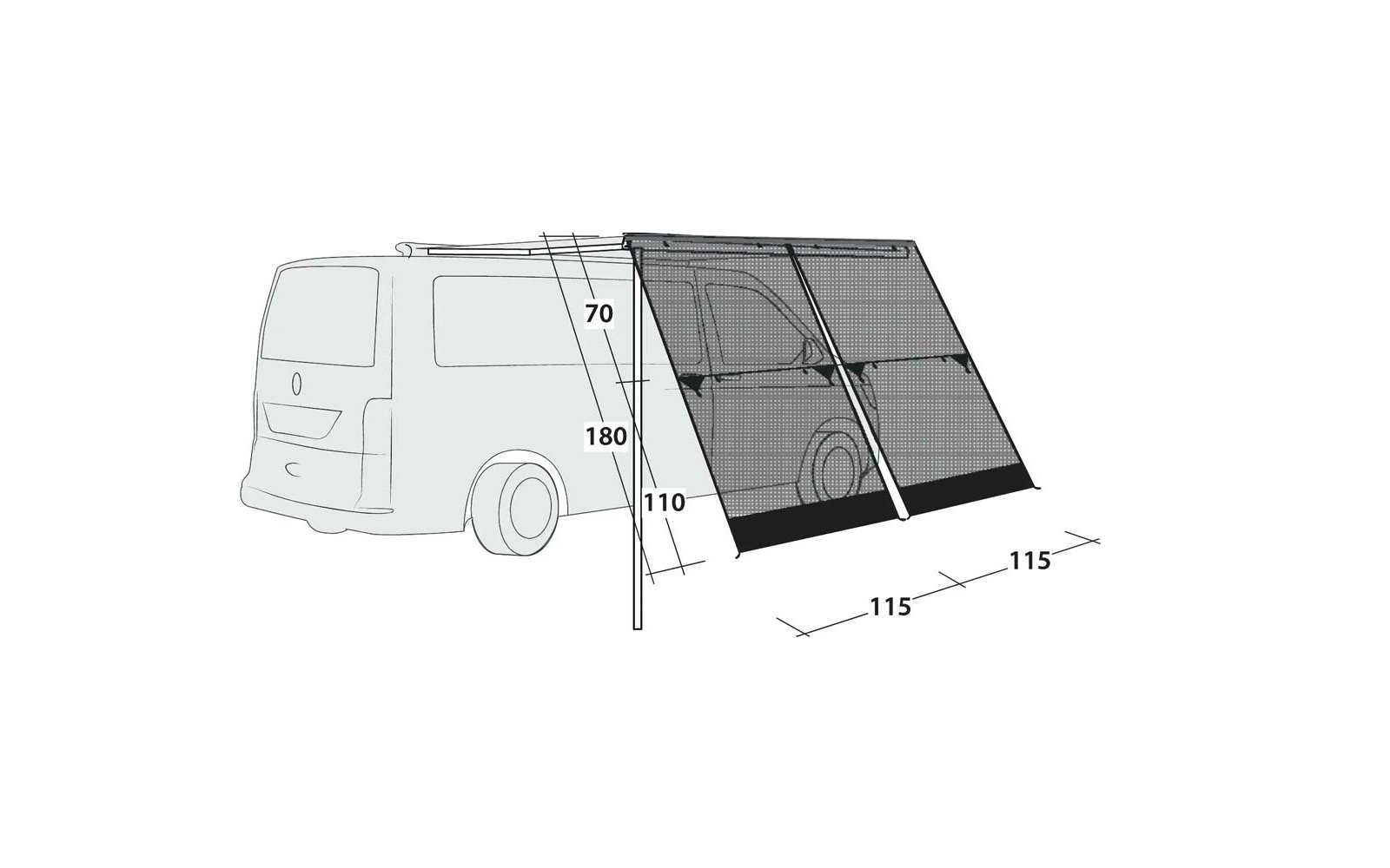 Grau gezeichneter Kastenwagen mit seitlich ausgeklapptem Plane, zwei Stützstangen und sichtbaren Maßangaben 70, 180, 110, 115, 115
