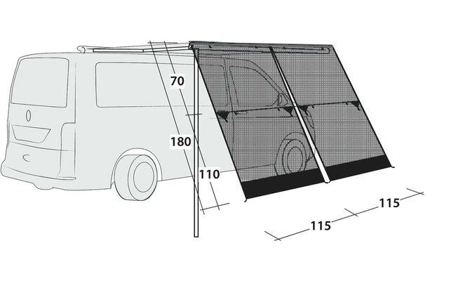 Grau gezeichneter Kastenwagen mit seitlich ausgeklapptem Plane, zwei Stützstangen und sichtbaren Maßangaben 70, 180, 110, 115, 115