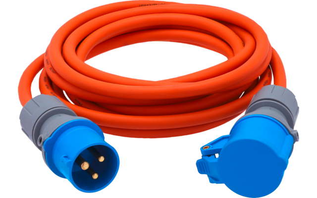 Orange aufgerolltes Kabel mit blauem dreipoligen Stecker und blauer Kupplung mit Klappdeckel