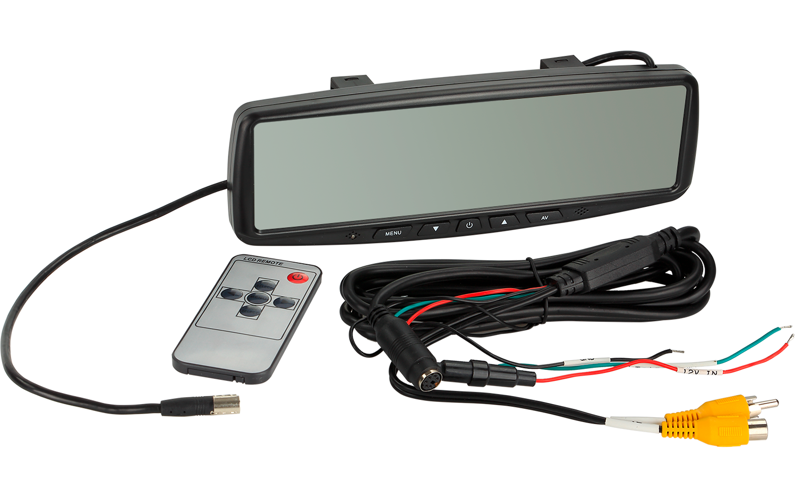 Rechteckiges spiegelähnliches Display mit grauem Bildschirm und schwarzem Gehäuse, Bedientasten am unteren Rand; kleine graue Fernbedienung mit Tasten; mehrere schwarze Kabelbündel mit roten, grünen und schwarzen Drähten sowie gelben, roten und weiße