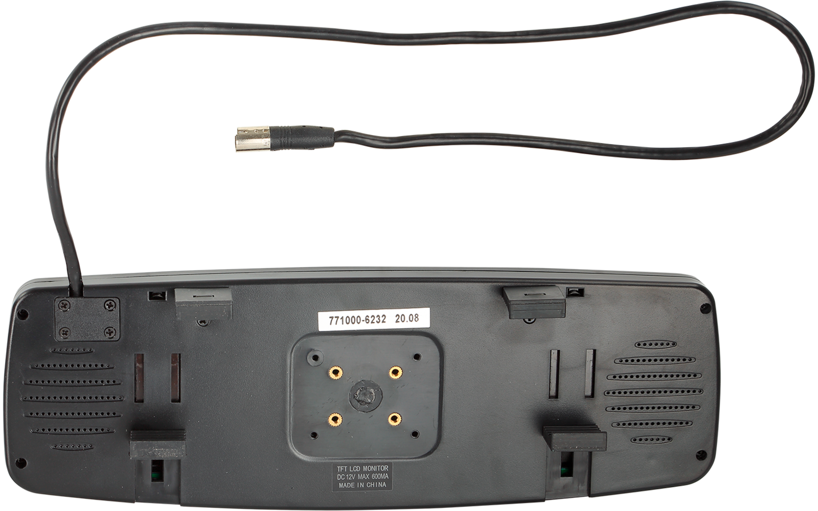 Schwarzes rechteckiges Gerät von hinten, oben ein schwarzes Kabel mit flacher Metallsteckverbindung; Rückseite mit vier goldfarbenen Kontaktpunkten in quadratischer Anordnung, zwei rechteckigen Schlitzen und weißem Aufkleber mit Zahlen