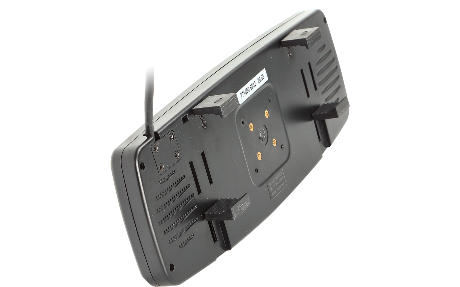 Rückseite eines rechteckigen schwarzen Geräts mit vier rechteckigen Halterungen, zentralem rundem Montagebereich mit vier goldenen Kontaktpunkten, weißem Aufkleber mit Text und seitlich herausführendem Kabel