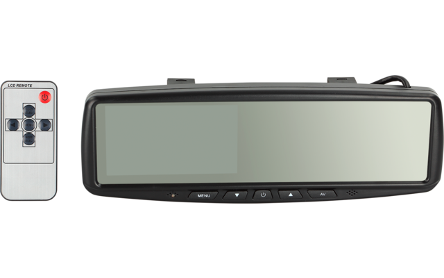 Großes rechteckiges Gerät mit spiegelnder Oberfläche und schwarzem Rahmen; drei Tasten an der Unterkante. Links eine kleine weiße Fernbedienung mit Kreuzpfeiltasten und roter Taste oben