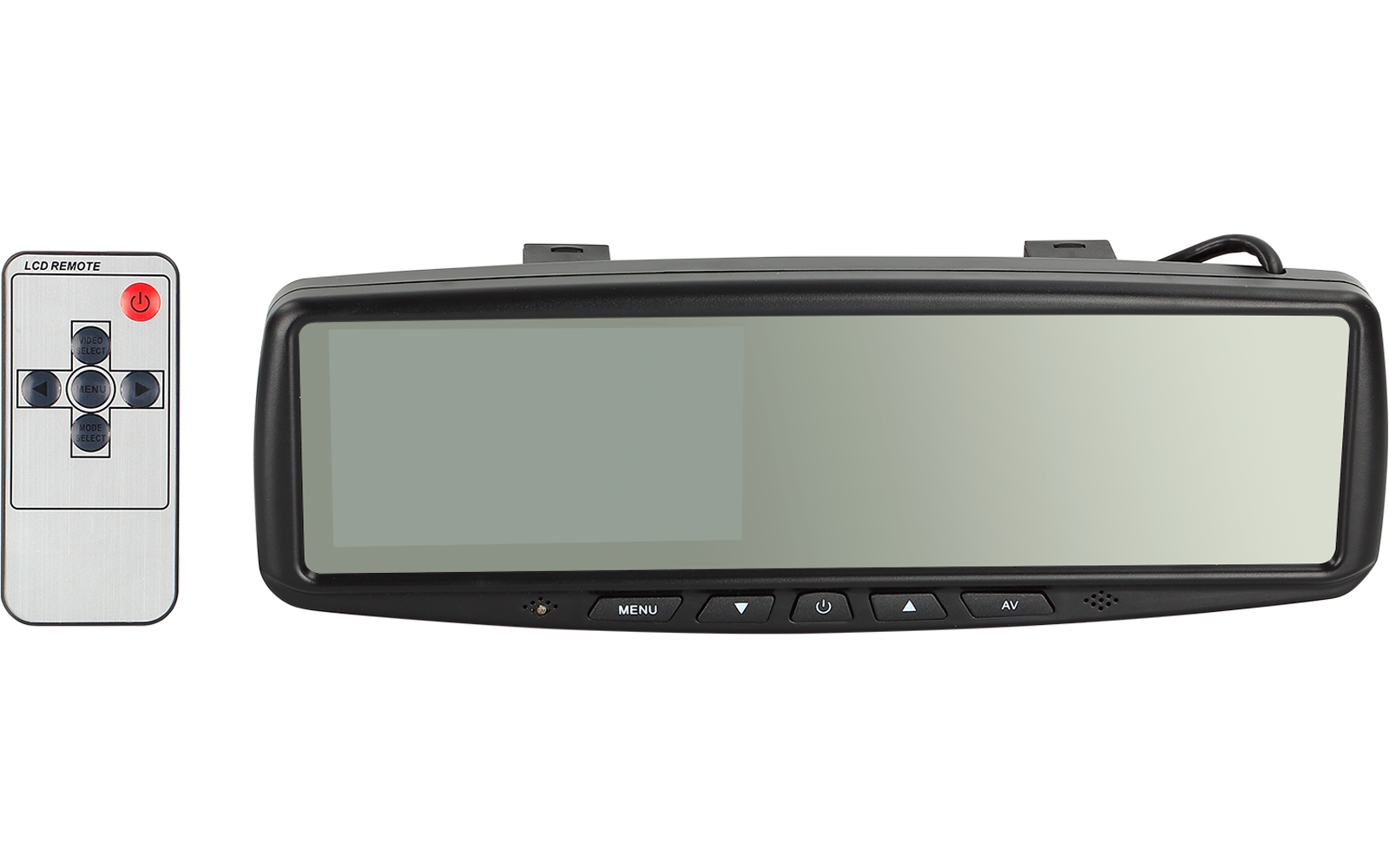 Großes rechteckiges Gerät mit spiegelnder Oberfläche und schwarzem Rahmen; drei Tasten an der Unterkante. Links eine kleine weiße Fernbedienung mit Kreuzpfeiltasten und roter Taste oben