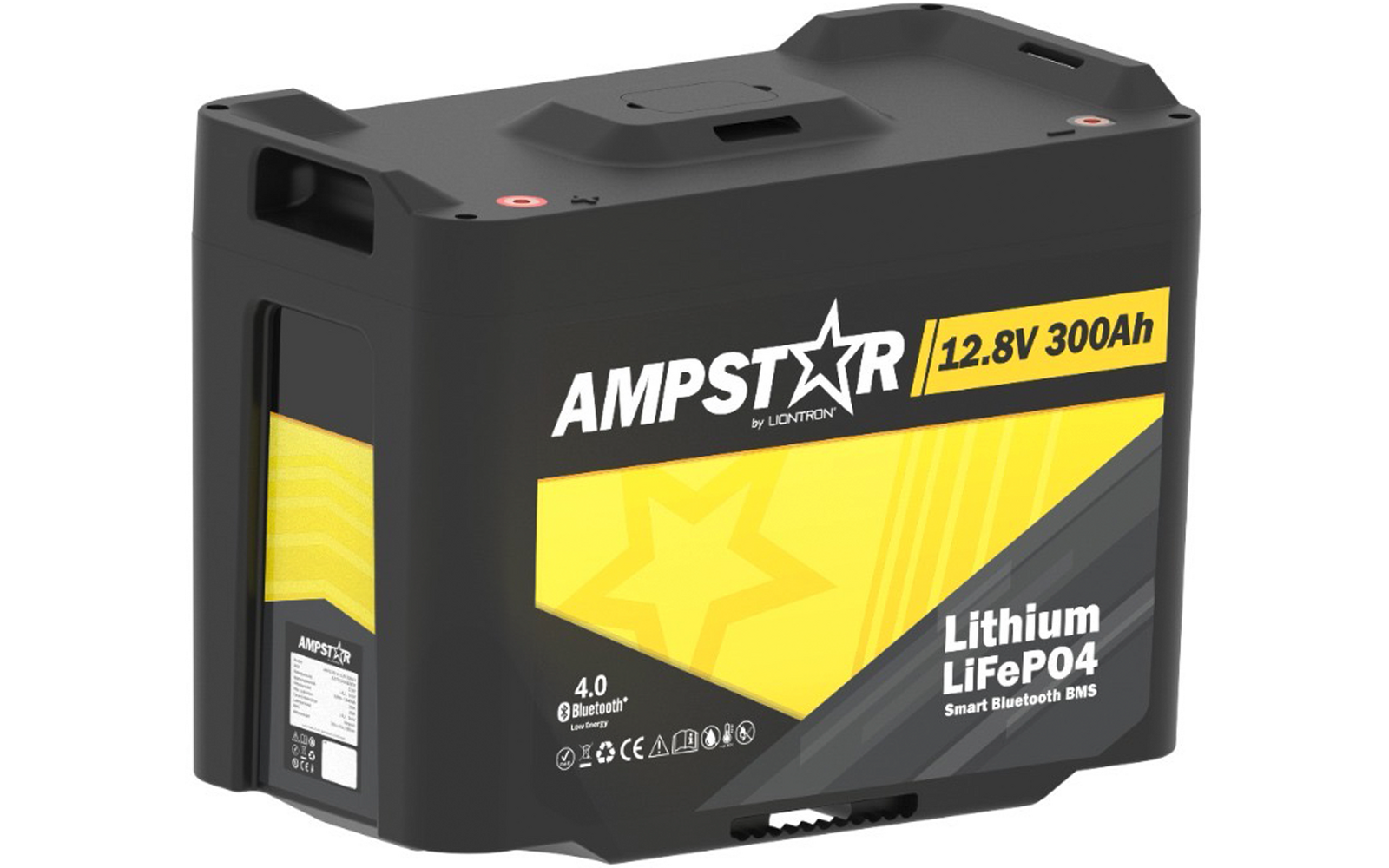 Schwarzes rechteckiges Gehäuse mit gelbem Etikett, weißer Schrift 'AMPSTAR', Text '12.8V 300Ah' und 'Lithium LiFePO4'