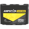 Schwarzer rechteckiger Akku mit gelb-schwarzem Etikett mit Aufdrucken AMPSTAR, 12.8V 300Ah, Lithium LiFePO4, Smart Bluetooth BMS, Bluetooth-Symbol und mehreren Piktogrammen
