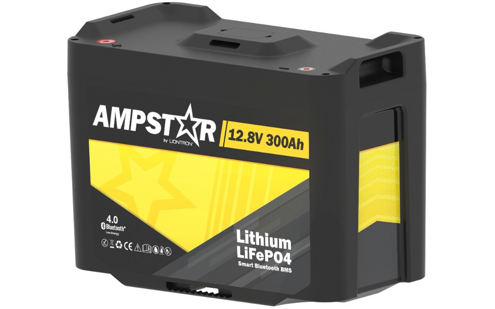 Schwarze rechteckige Lithium-Akkubox mit gelbem Etikett, Aufdruck 'AMPSTAR 12.8V 300Ah' und 'Lithium LiFePO4', seitliche Tragegriffe