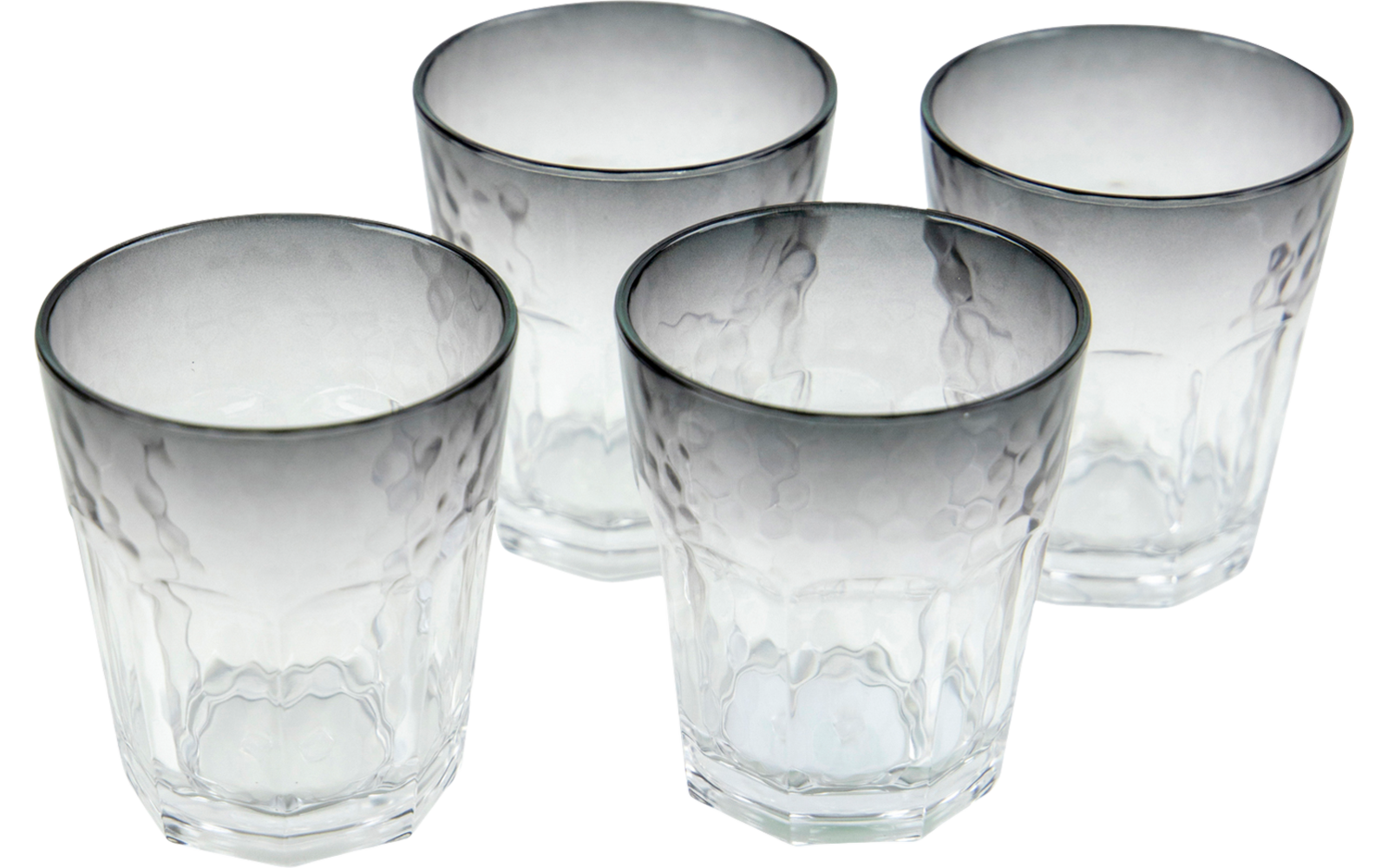 Vier klare Gläser mit strukturierter Oberfläche, dicht beieinander angeordnet