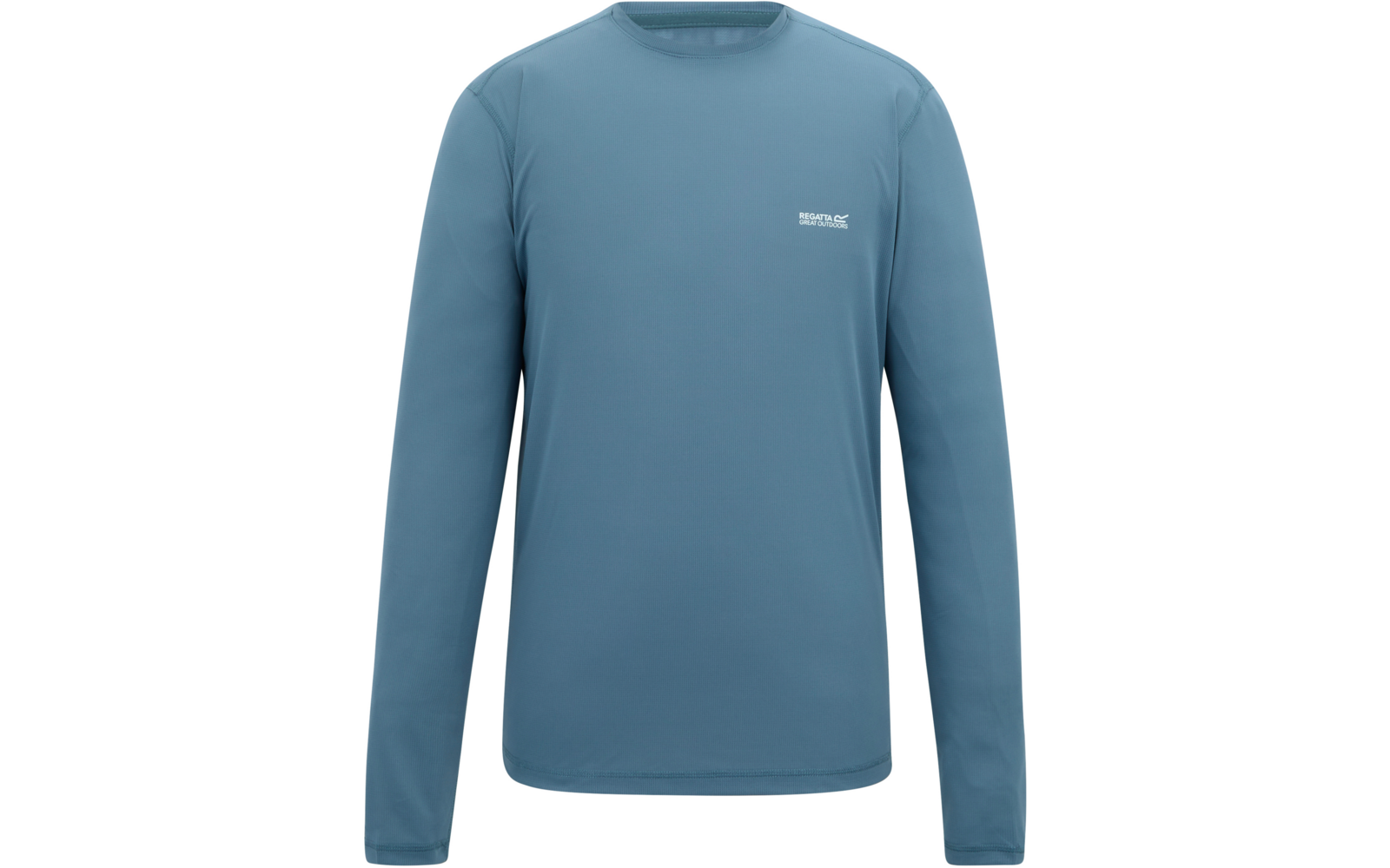 Blaugrünes Langarmshirt mit rundem Halsausschnitt und kleinem weißen Logo auf der linken Brust