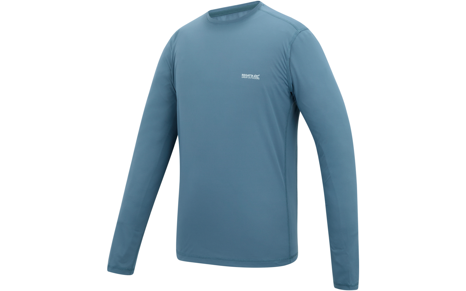 Blaues langärmliges Shirt mit rundem Ausschnitt und kleinem weißem Logo auf der linken Brust