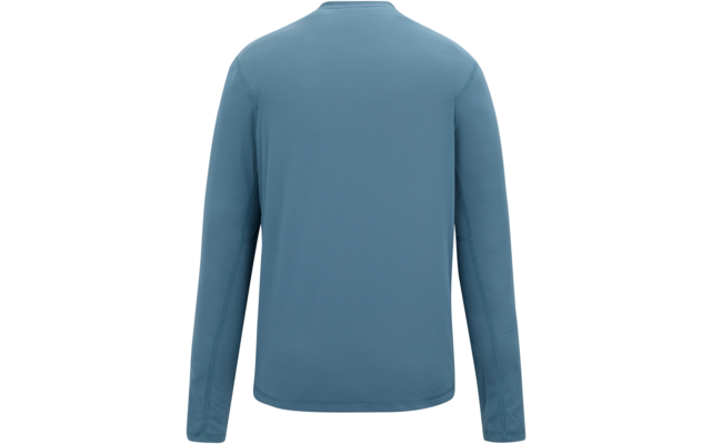 Einfarbiges blaues Langarmshirt, Rückansicht, Rundhalsausschnitt