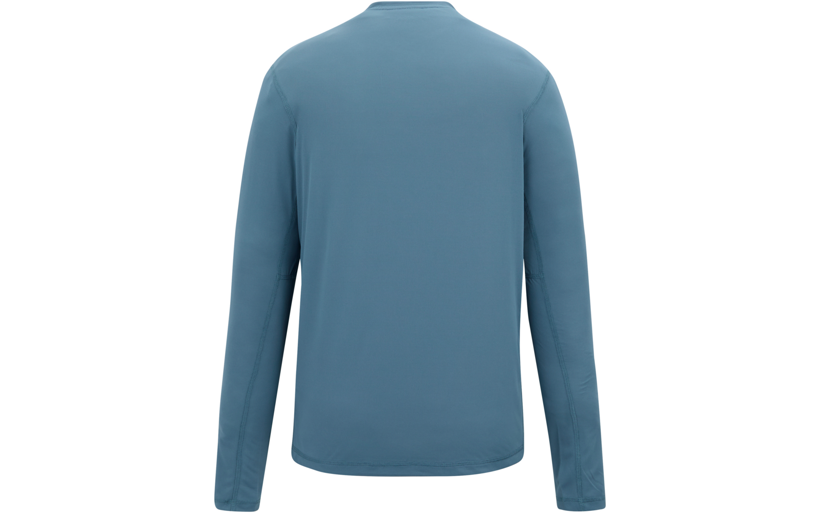 Einfarbiges blaues Langarmshirt, Rückansicht, Rundhalsausschnitt