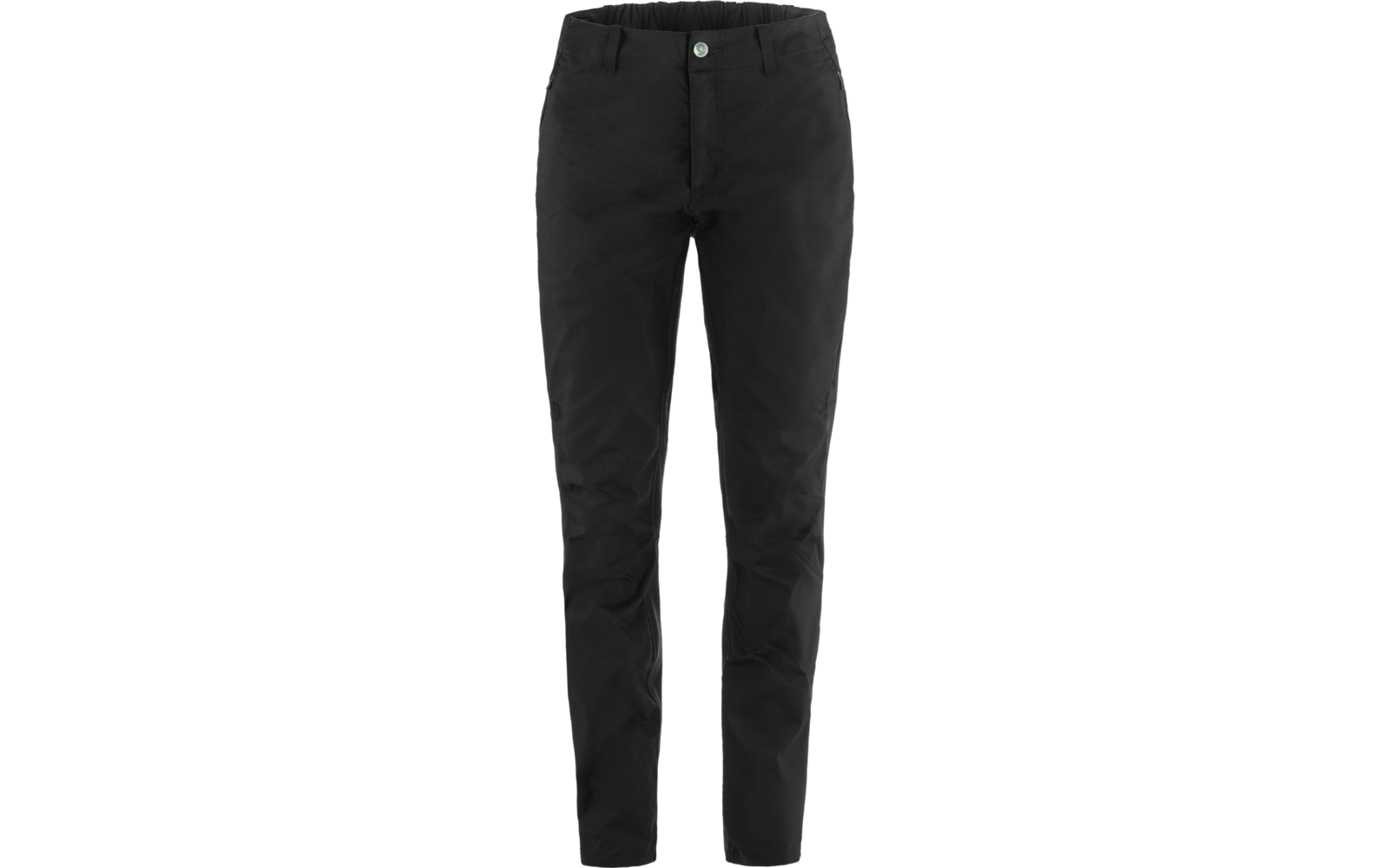 Vooraanzicht van een zwarte broek met knoop en rits op een witte achtergrond