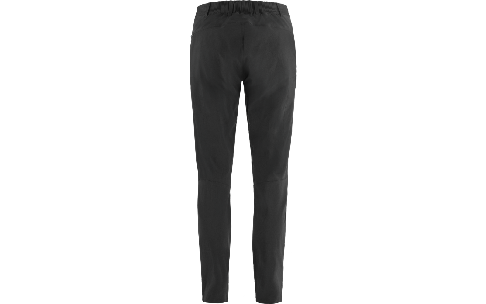 Zwarte broek van achteren met elastische tailleband en taps toelopende pijpen