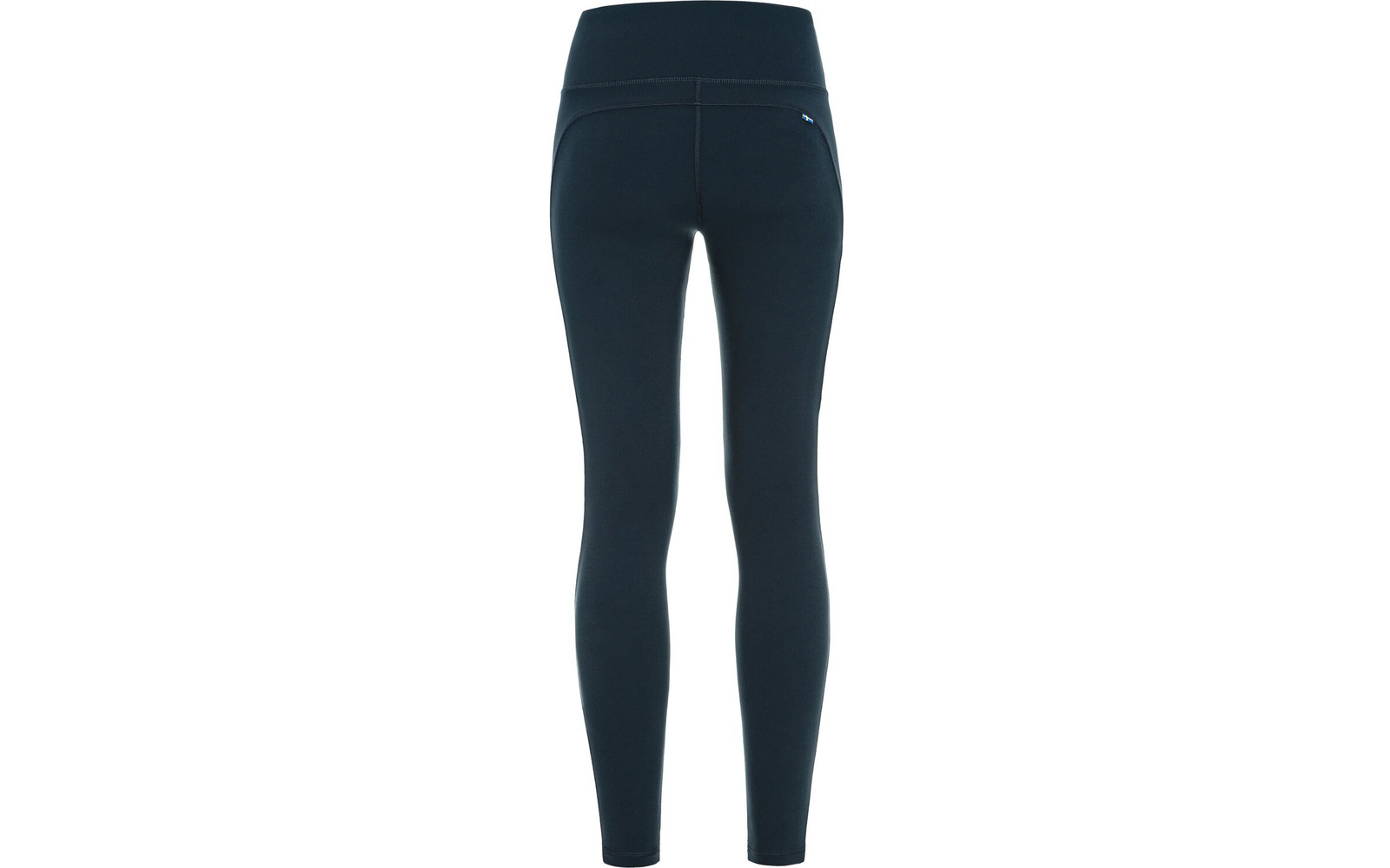 Vista trasera de leggings azul oscuro ajustados, cintura alta, costura central posterior y pequeño bolsillo en el lado derecho