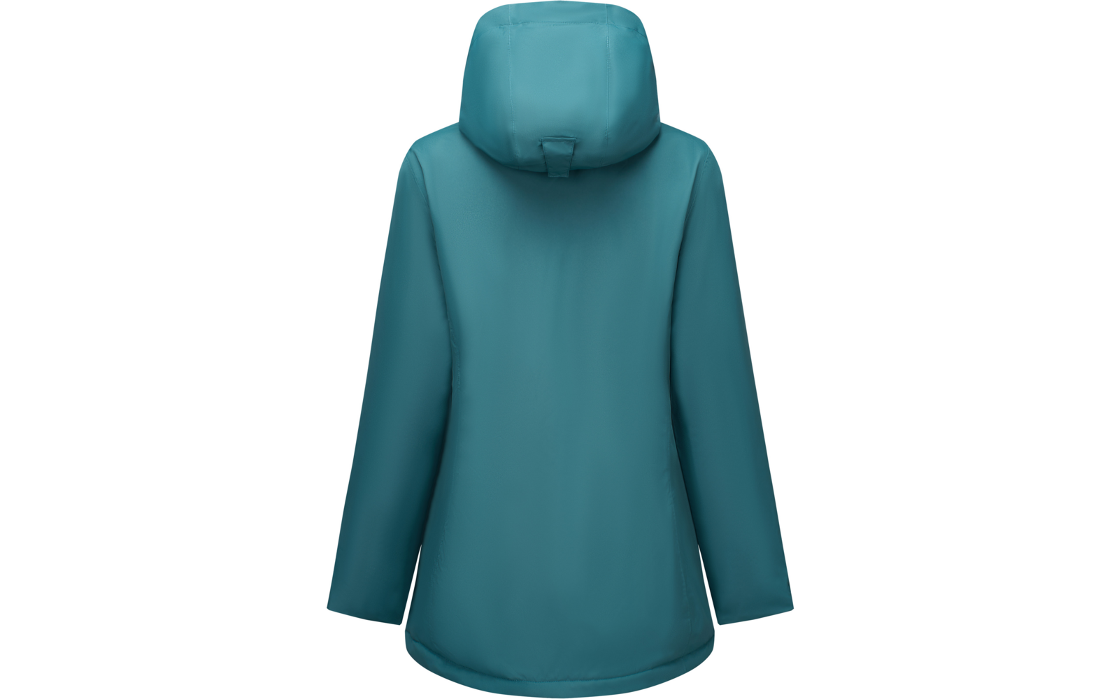 Back view of a teal hooded jacket on a white background