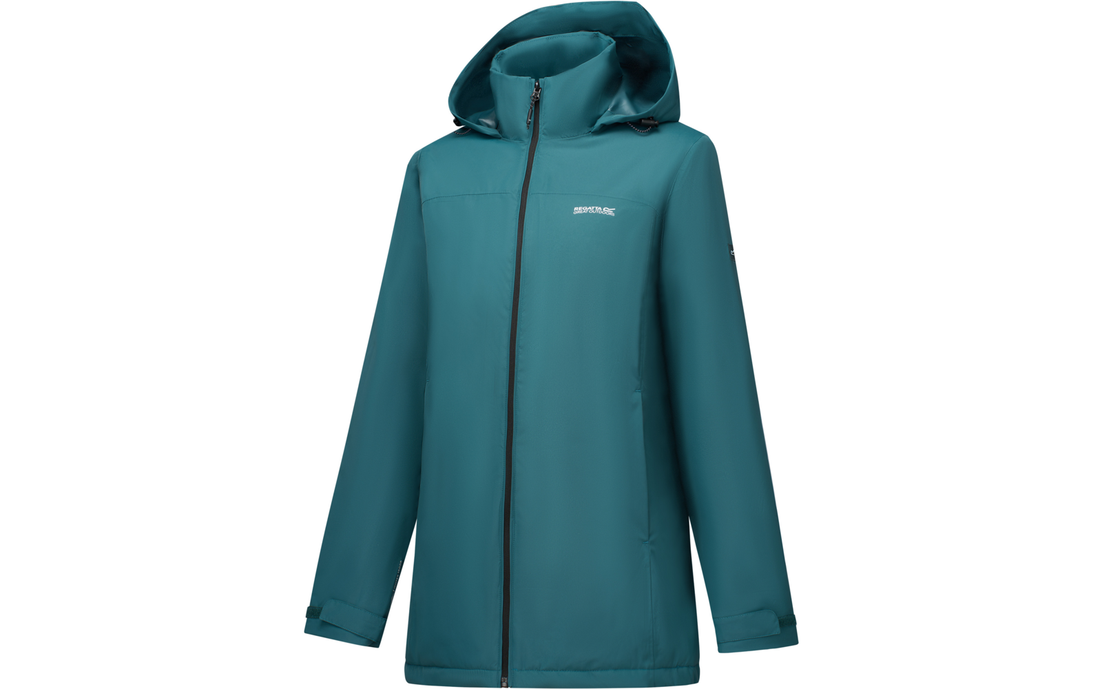 Teal hooded jacket with full-length zipper, long sleeves, hip-length and visible logo on the left chest