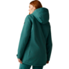 Person with red hair seen from the back, wearing a teal hooded jacket and matching pants against a light beige background