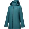Teal hooded jacket with full-length zipper, long sleeves, hip-length and visible logo on the left chest