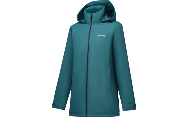 Teal hooded jacket with full-length zipper, long sleeves, hip-length and visible logo on the left chest