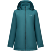 Teal hooded jacket with full-length front zipper, two side pockets, white logo on the left chest, on a white background