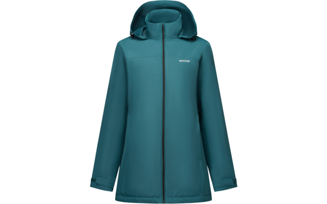 Teal hooded jacket with full-length front zipper, two side pockets, white logo on the left chest, on a white background