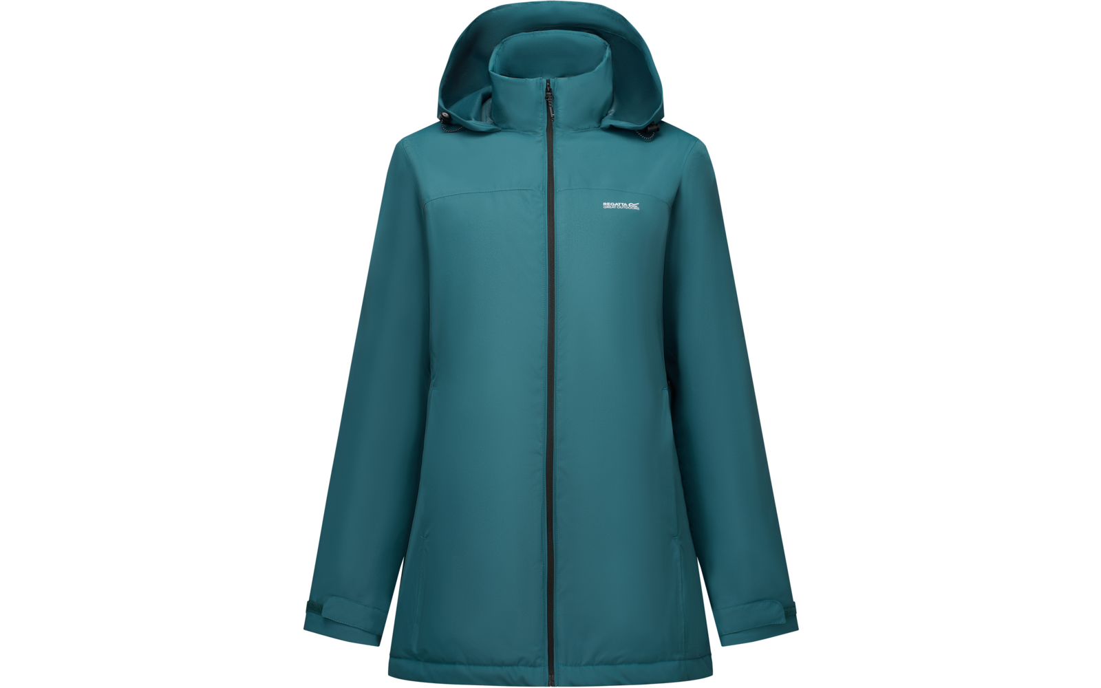 Teal hooded jacket with full-length front zipper, two side pockets, white logo on the left chest, on a white background