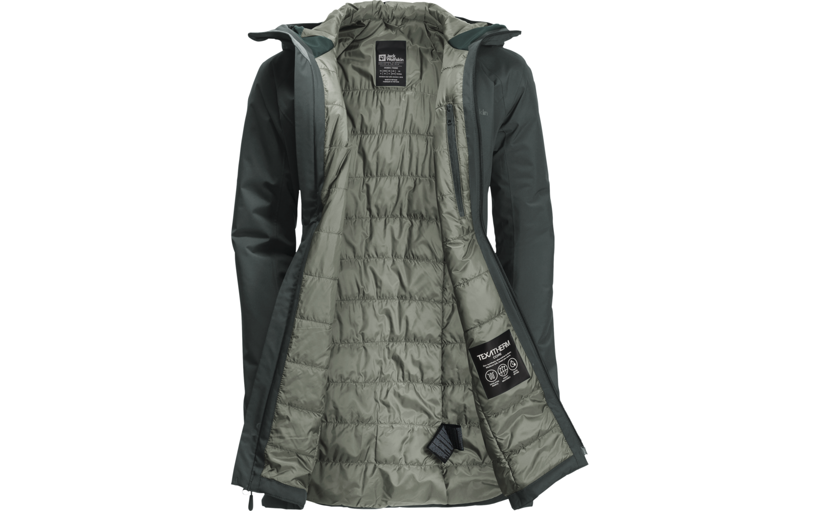 Offene schwarze Winterjacke mit grauer Innenfütterung, Kapuze und Reißverschluss