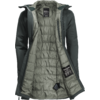 Offene schwarze Winterjacke mit grauer Innenfütterung, Kapuze und Reißverschluss