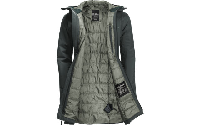 Offene schwarze Winterjacke mit grauer Innenfütterung, Kapuze und Reißverschluss