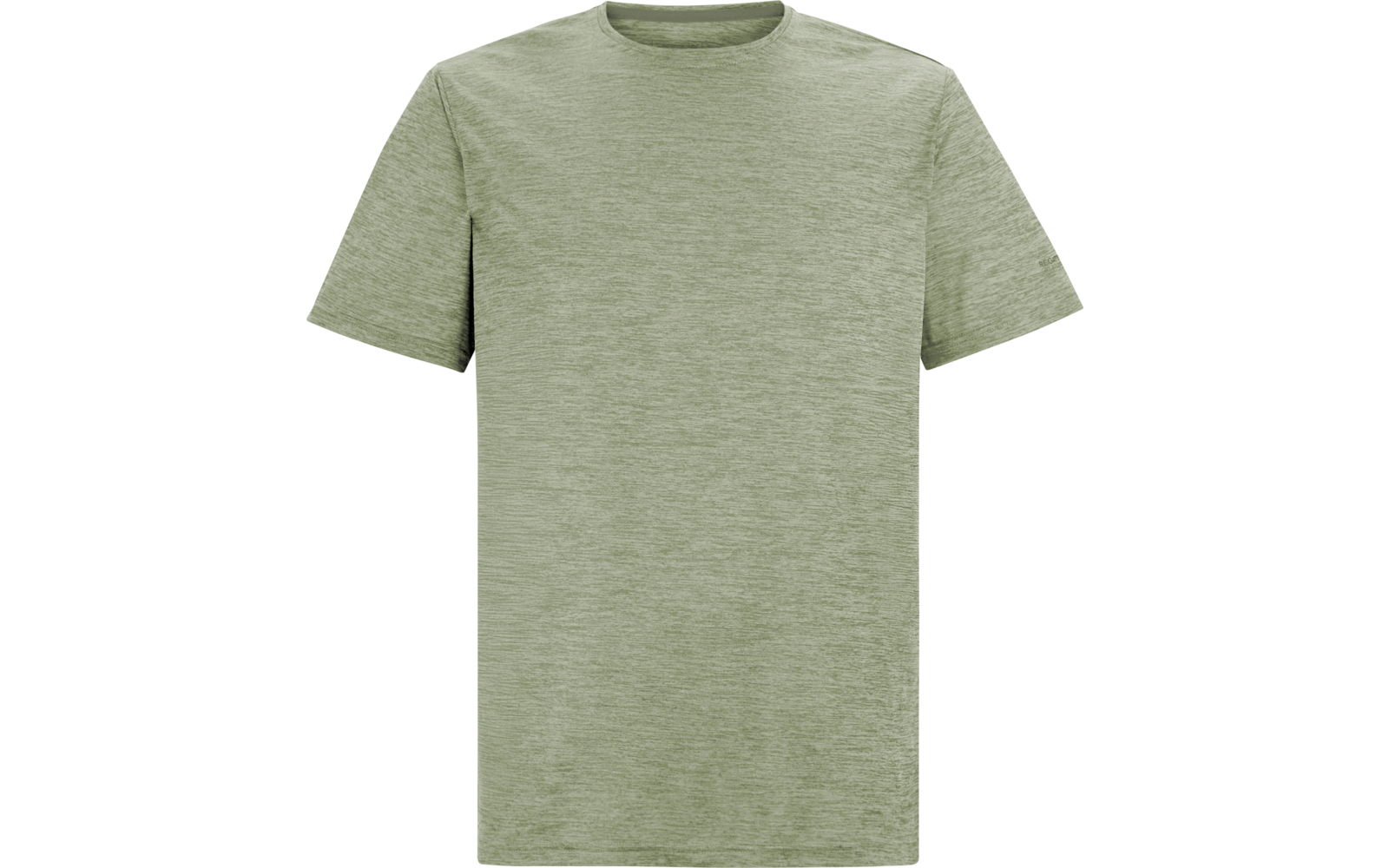 Hellgrünes, meliertes T-Shirt, kurzärmlig, Rundhalsausschnitt, Vorderansicht auf weißem Hintergrund, kein Logo