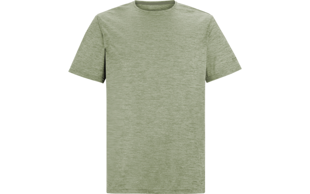 Hellgrünes, meliertes T-Shirt, kurzärmlig, Rundhalsausschnitt, Vorderansicht auf weißem Hintergrund, kein Logo