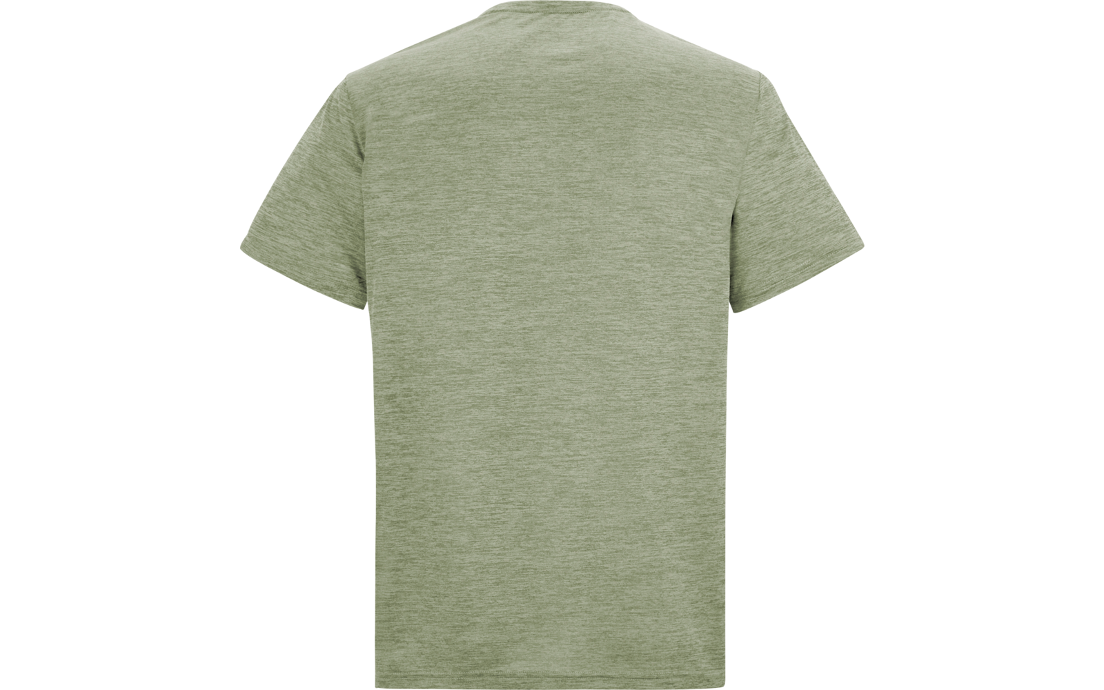 Rückansicht eines hellgrünen melierten T-Shirts mit Rundhalsausschnitt und kurzen Ärmeln