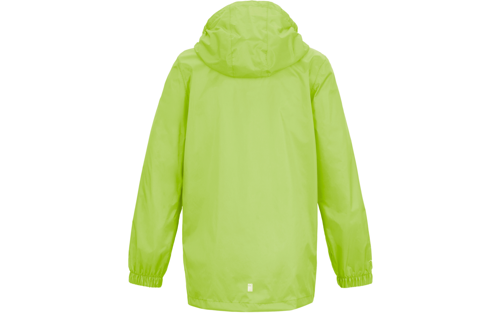 Rückenansicht einer neongrünen Jacke mit Kapuze, langen Ärmeln mit elastischen Bündchen und kleinem rechteckigem Reflektor am Saum