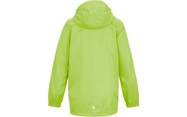 Rückenansicht einer neongrünen Jacke mit Kapuze, langen Ärmeln mit elastischen Bündchen und kleinem rechteckigem Reflektor am Saum