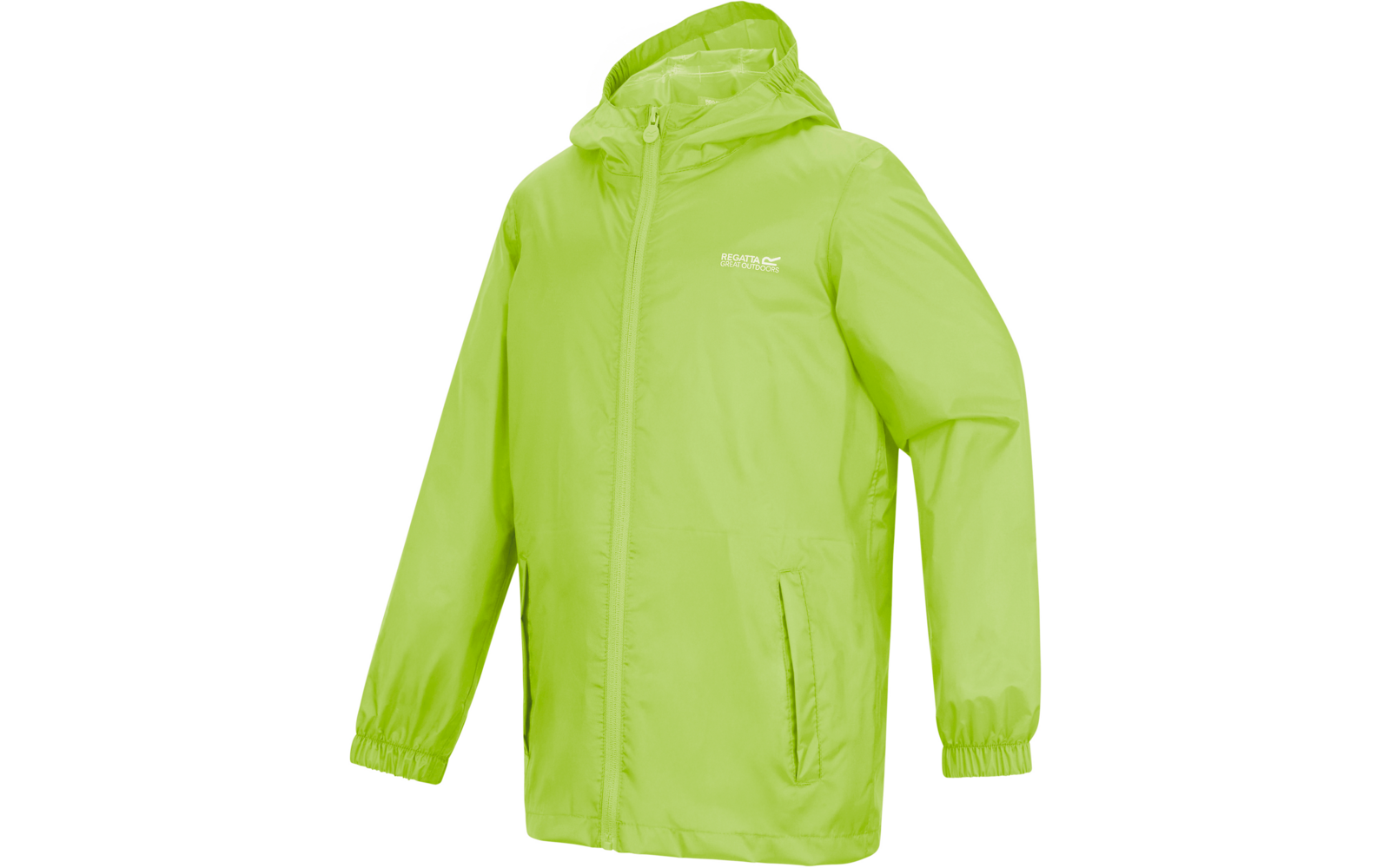 Hellgrüne Regenjacke mit Kapuze, durchgehendem Reißverschluss, zwei Seitentaschen, elastischen Bündchen und kleinem Logo auf der Brust