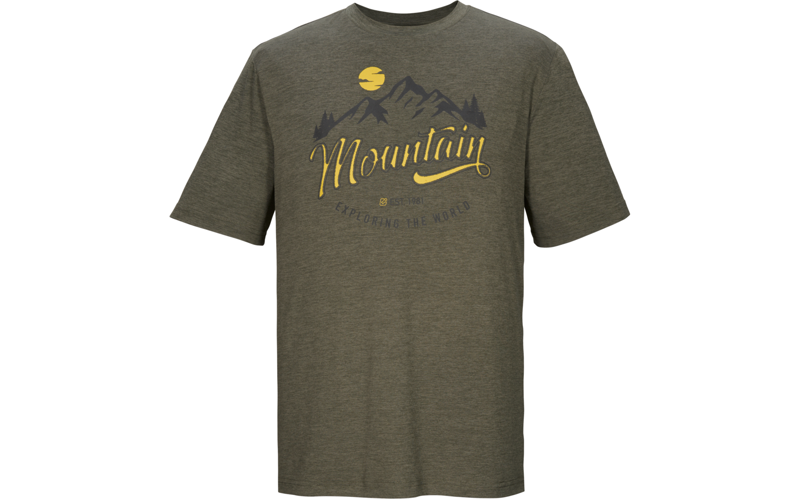 Olivgrünes T‑Shirt mit Aufdruck: Bergsilhouette, gelbe Sonne und das Wort 'Mountain' in geschwungener Schrift