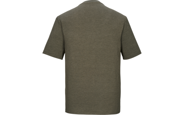 Rückansicht eines schlichten olivgrünen T-Shirts mit kurzen Ärmeln und Rundhalsausschnitt vor weißem Hintergrund