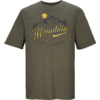 Olivgrünes T‑Shirt mit Aufdruck: Bergsilhouette, gelbe Sonne und das Wort 'Mountain' in geschwungener Schrift