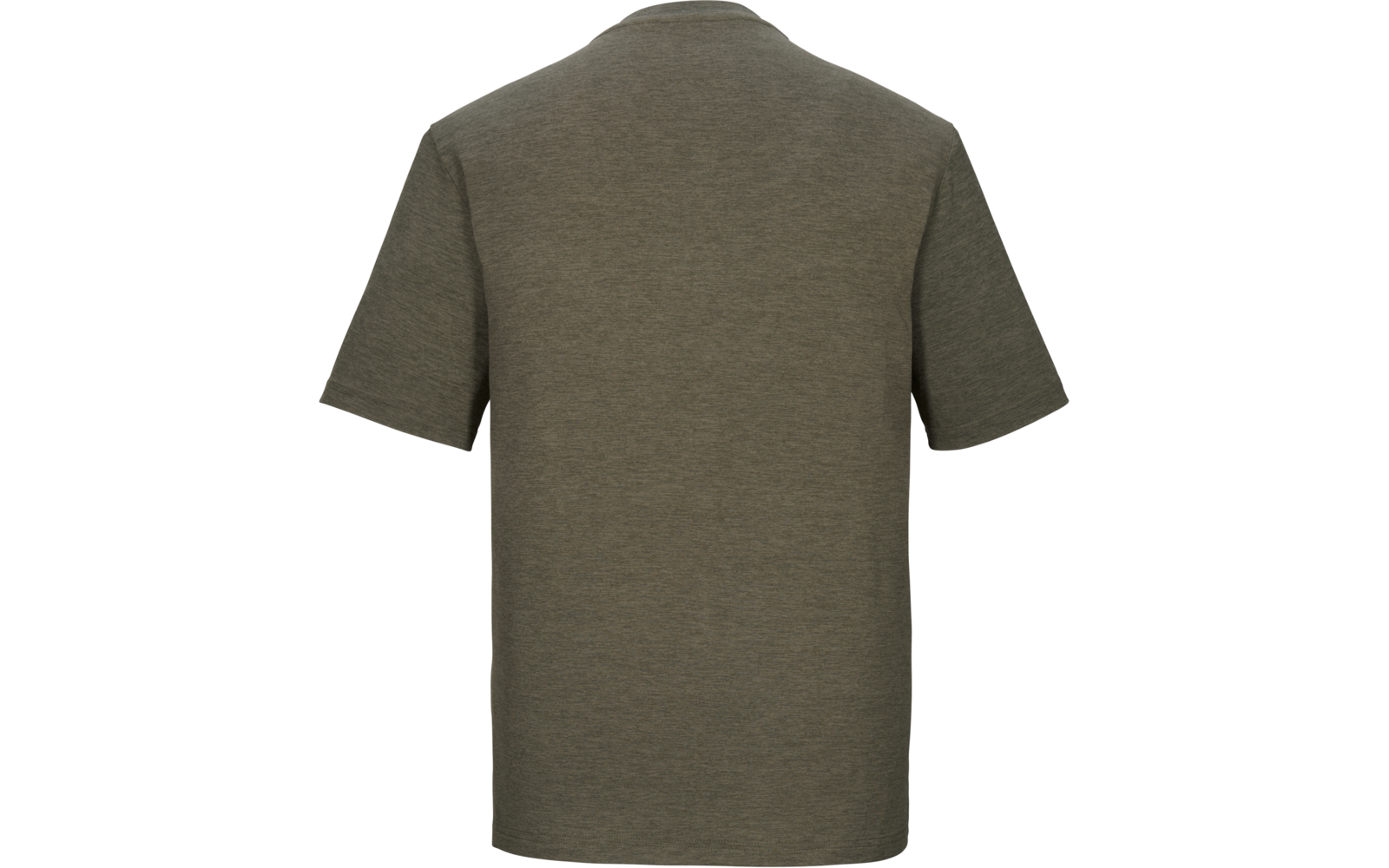 Rückansicht eines schlichten olivgrünen T-Shirts mit kurzen Ärmeln und Rundhalsausschnitt vor weißem Hintergrund